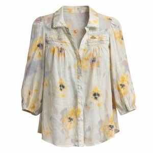 Hope & Harlow Size Small Sheer Floral Blouse 3/4 Sleeve Button Front Boho